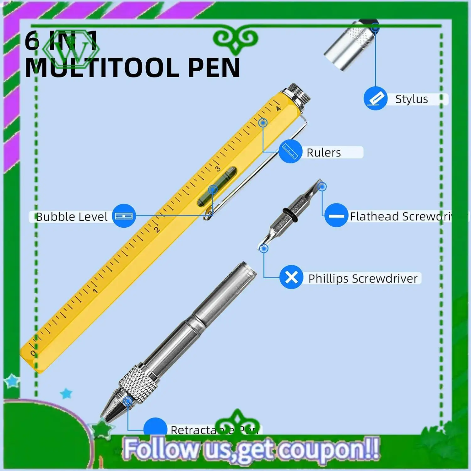 신뢰할 수 있는 멀티툴 펜 멋진 가제트, 스타일러스가 포함된 참신한 펜, 레벨, 자, 드라이버, 아빠 남편을 위한 생일 선물