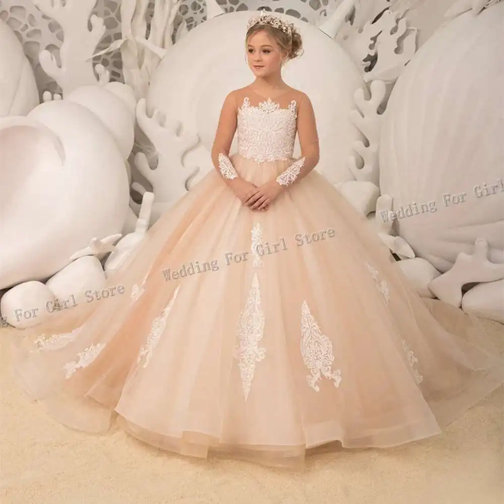 

Новинка, кружевное Тюлевое платье с цветочным рисунком для девочек, платья для первого причастия для девочек, детские вечерние платья с аппликацией на рукавах