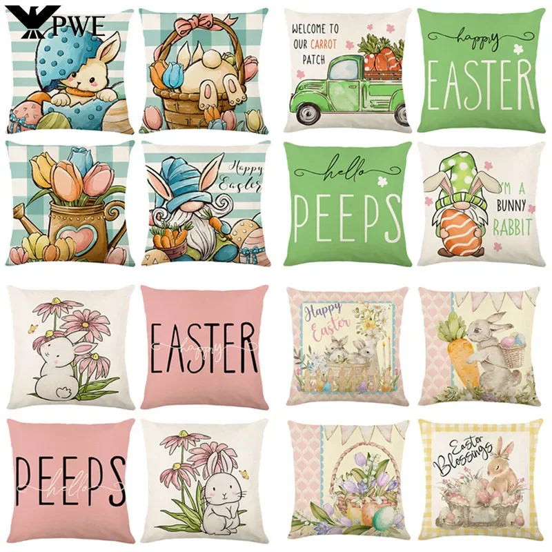 

Easter Bunny Eggs Pillowcase 45x45cm Linen Pillow Covers Rabbit Easter Decorations Favors Home Decorative Sofa Cushion Cover