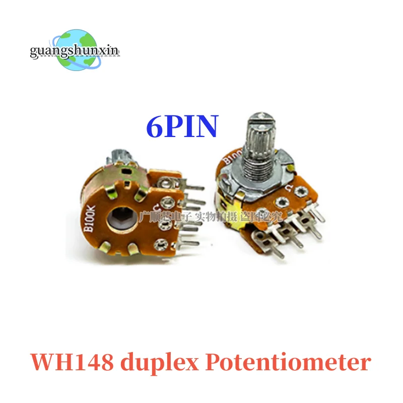 10pcs WH148 duplex Potentiometer 6-pin 15mm shaft with nut and washer B1K B2K B5K B10K B20K B50K B100K B500K B250K B1M