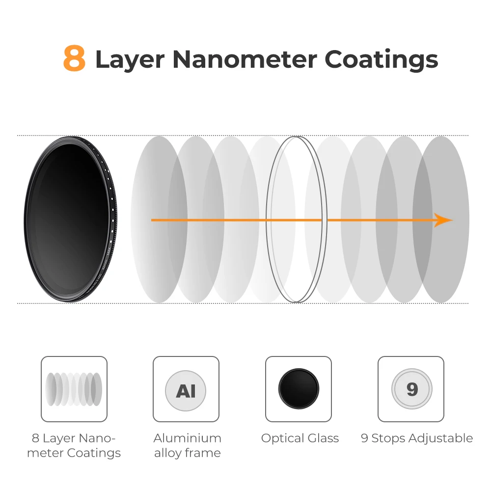 K&F CONCEPT 67mm Variable ND2-ND400 ND Filter 37mm 40.5mm 49mm 52mm 58mm 62mm 72mm 77mm 82mm Neutral Density Camera Lens Filter camera lens filter photography filter variable nd filter