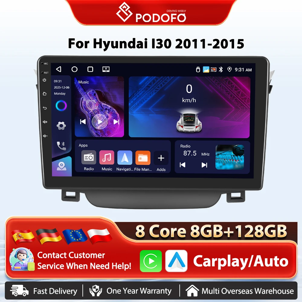 Podofo 4G WIFI Android Auto Radio samochodowe dla Hyundai I30 2011-2015 Bezprzewodowy Carplay Nawigacja GPS Samochodowy odtwarzacz multimedialny DSP FM/RDS