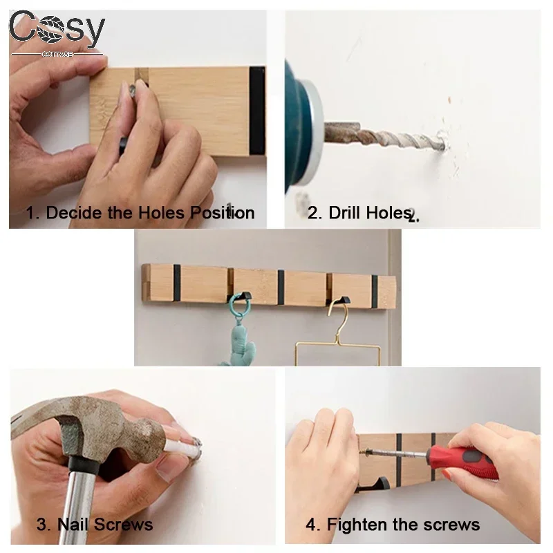3/4/5 Hooks Wooden Invisible Hook for Clothes Hats Keys Aluminum Wall Mounted Door Key Storage Hanger Coat Towel Holder