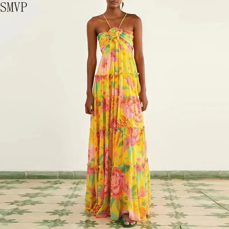 

Summer 2023 suspender halterneck bandeau three-dimensional print design sense beach dress sexy resort casual women's long dress