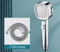 High Pressure Water Saving Adjustable Shower Head with One-Key Stop and Massage Function (Silver with hose)