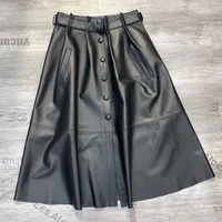 High Quality First Layer Sheepskin Women Real Leather Skirt Elegant Large Swing Button Belt Female A-line Leather Umbrella Skirt