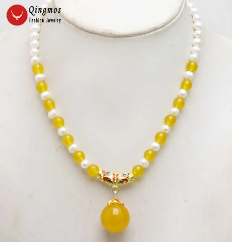 

Qingmos 18mm Round Natural Yellow Jade Pendant Necklace for Women with 6-7mm Round White Pearl Necklace 17" Choker Jewelry