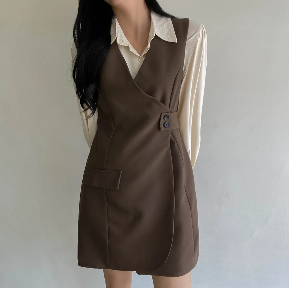 

PLAMTEE Chic Stylish Two Pieces Sets Elegant New 2022 OL Autumn Women Vest Mini Dress Office Lady Slim Solid Shirts Suits