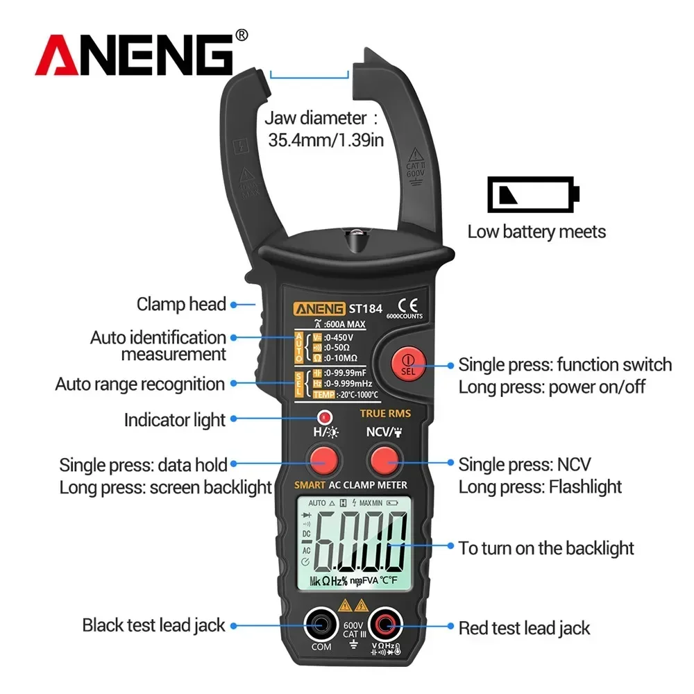 Digital Multimeter ANENG Clamp Meter Multimeter Digital AC/DC Voltage Current Tester Hz Capacitance Ohm Temperature True RMS 6000 Counts Test ST184