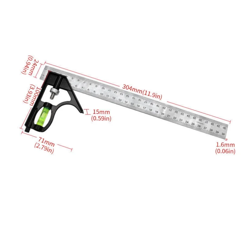 300mm Square Right Angle Ruler Protractor Adjustable Woodworking Tools Angle Ruler Measuring Tools Combination Spirit Level 5