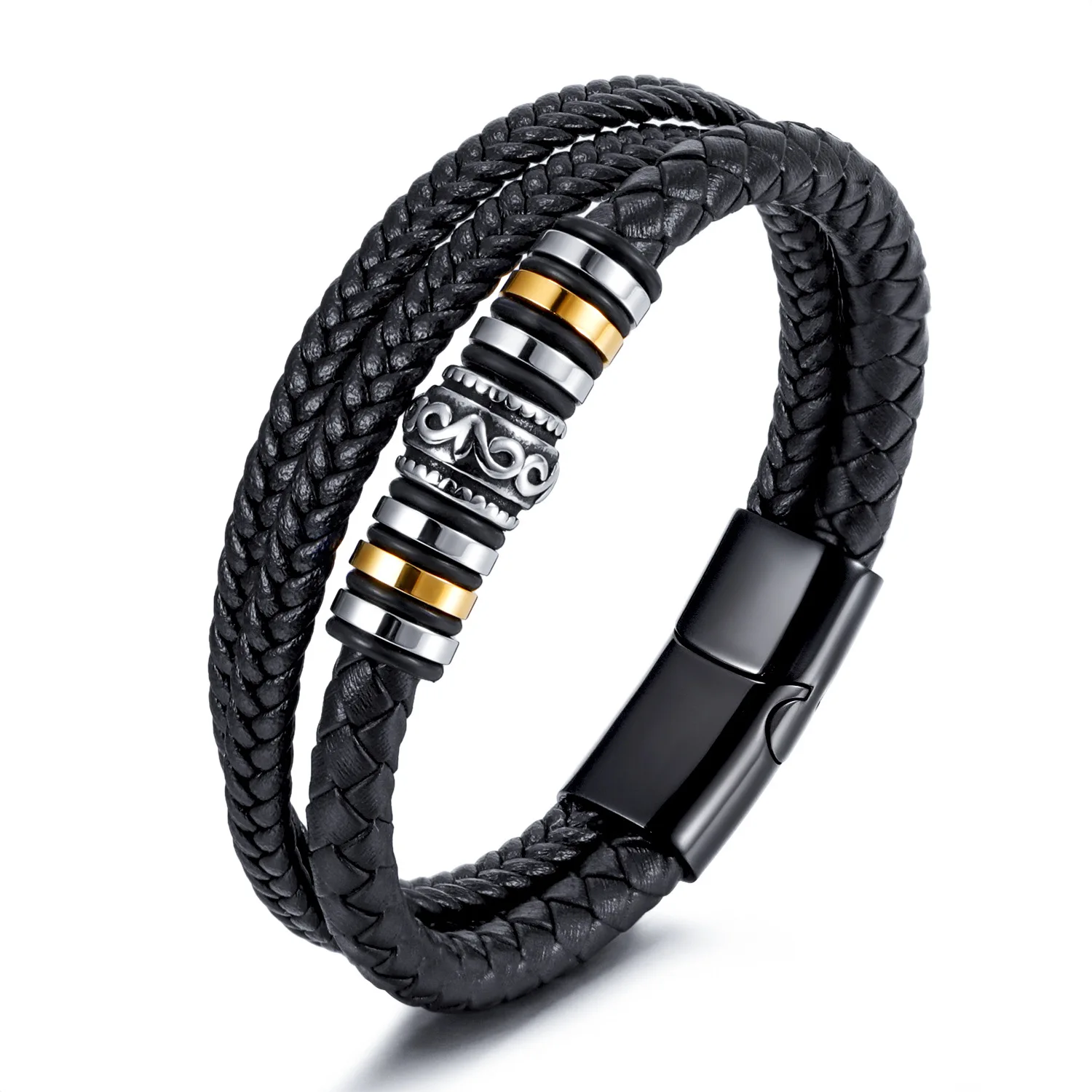 

Light luxury fashion multi-layer hand-woven leather rope stainless steel charm bracelet for men, magnetic clasp bangle