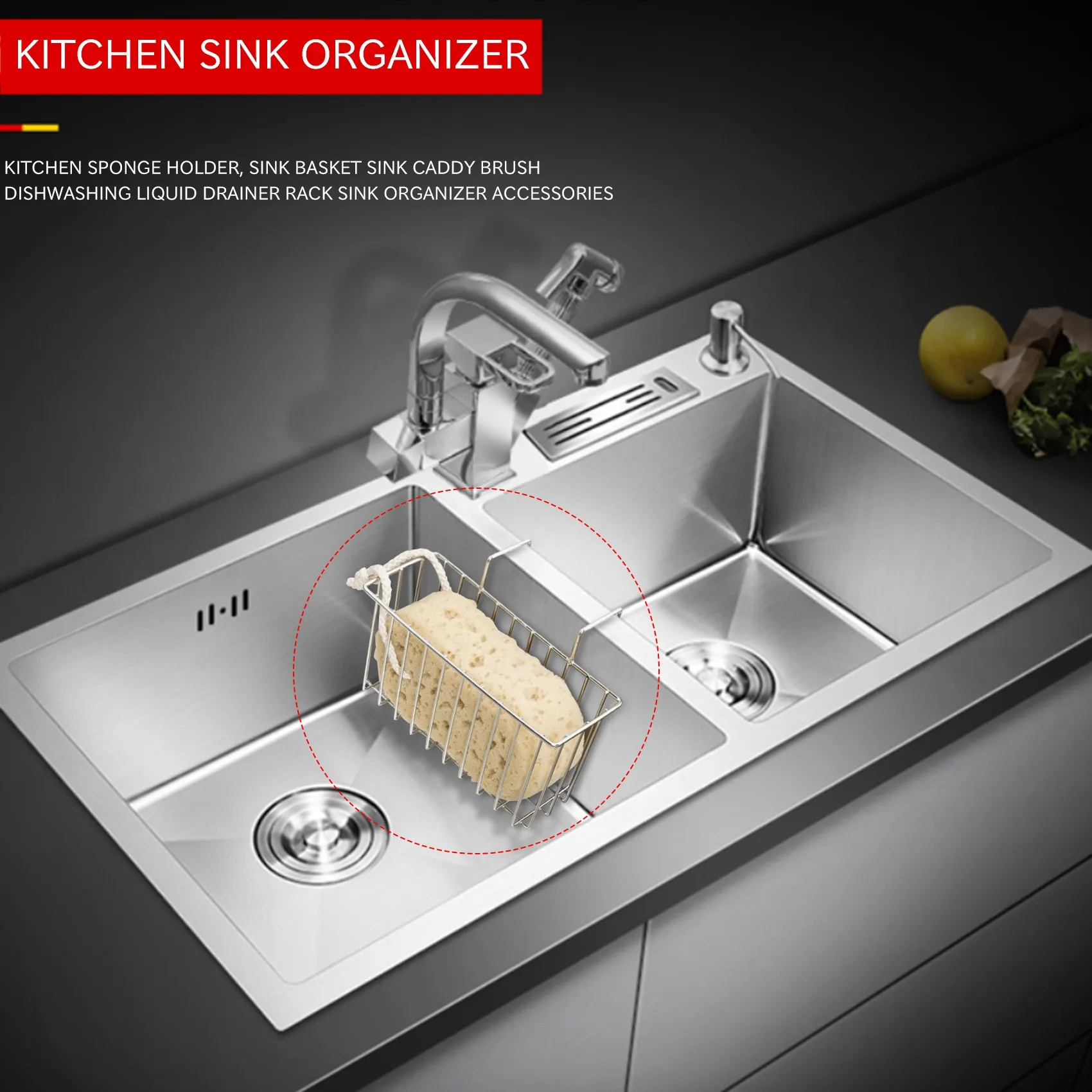 

Kitchen Sponge Holder, Sink Basket Sink Caddy Brush Dishwashing Liquid Drainer Rack Sink Organizer Accessories