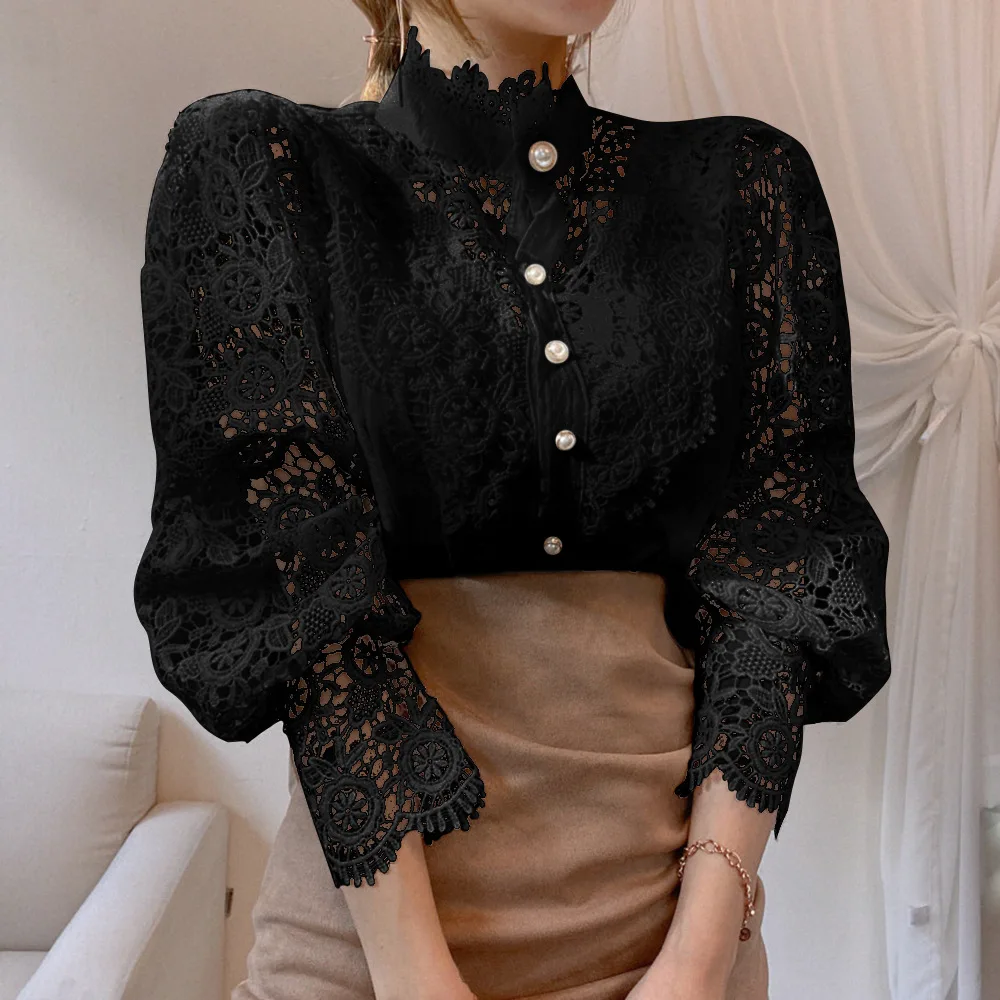 White Vintage Lace Patchwork Shirt Blouse Women Autumn Winter Lantern Sleeve Shirts For Women 2024 Sexy Hollow Out Cotton Top