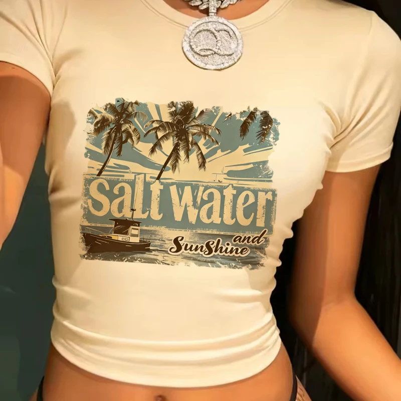 90s Spring Summer Sexy Crop Tops Vintage Retro Clothes Women's Crew Neck Short Sleeve Cropped T Shirt with Salt Water Print Girl 3
