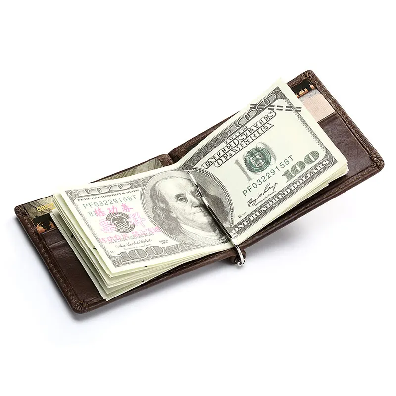 Ultra-thin Men's Money Clip Wallet Vintage Genuine Leather Bifold Card Holder Purse Mini High Quality Male Money Purse Cartera 2