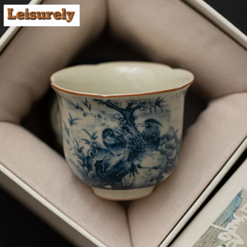 50ml Retro Flower And Bird Ink Ceramic Teacup Ru Kiln Flower Mouth Cup Single Master Cup Personal Tasting Tea Bowl Kungfu Teaset