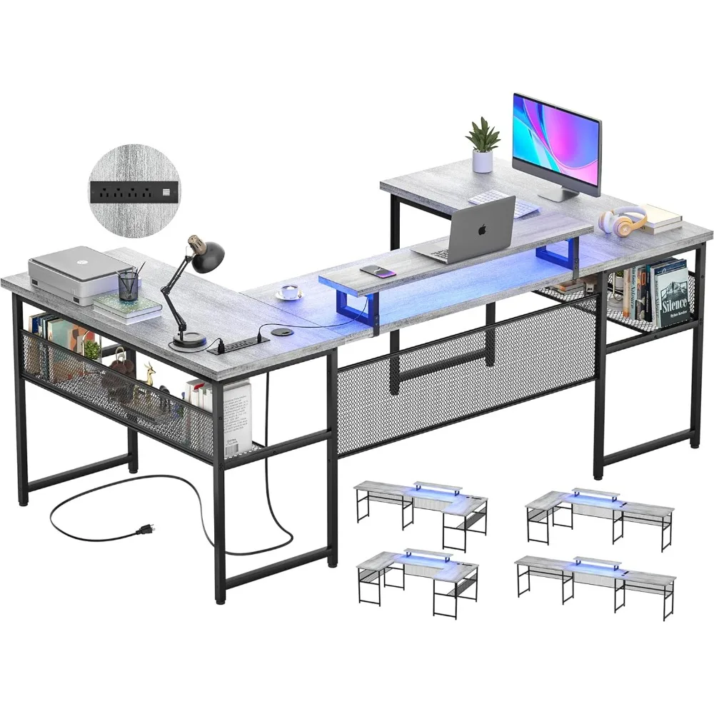 U Shaped Computer Desk with Power Outlet and LED Strip, Reversible L Shaped Office Desk with Monitor Stand and Bookshelf 2