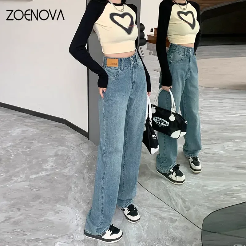 ZOENOVA 여성용 하이 웨이스트 더블 버튼 바지, 가죽 패치 디자인, 루즈 모핑, 롱 와이드 레그 청바지, 패션 2023, 여름 신상