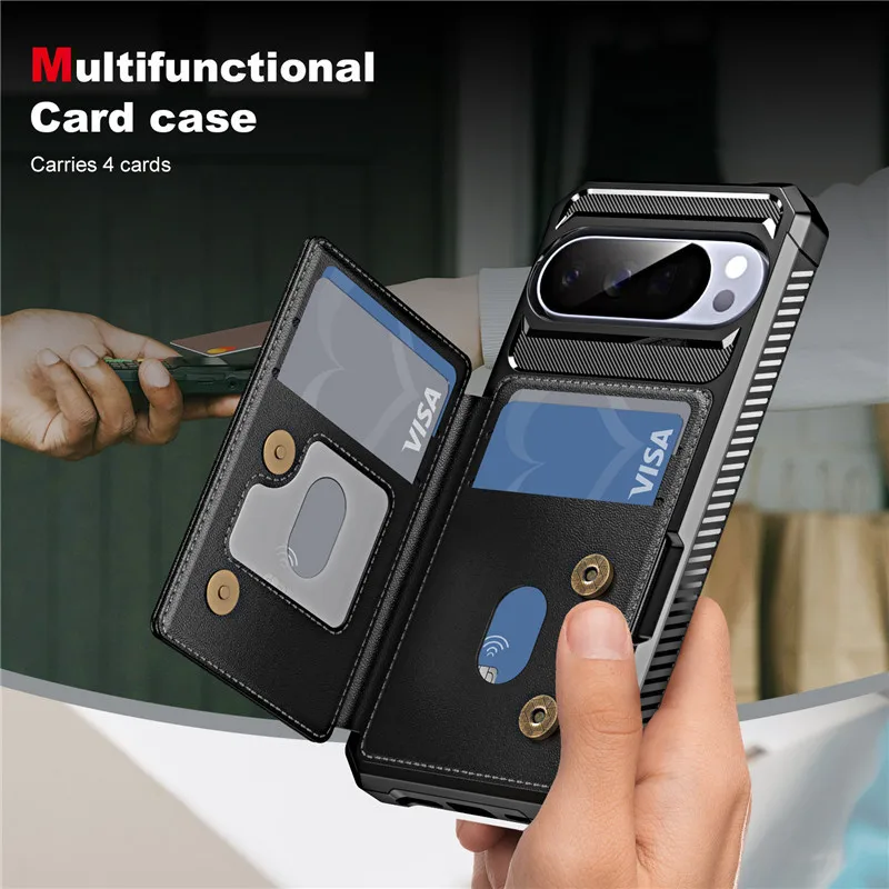 Heavy Duty Armor Leather Card Holder Wallet Case with Magnetic Wireless Charging Compatibility