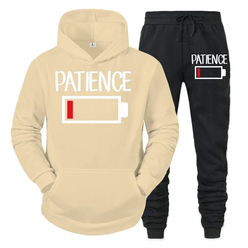 thumbnail image 1 of Conjunto de 2 piezas de sudadera y pantalones divertidos con estampado de batería "PATIENCE" para hombre, sudadera de manga larga, chándal, ropa deportiva unisex, 1 of 5