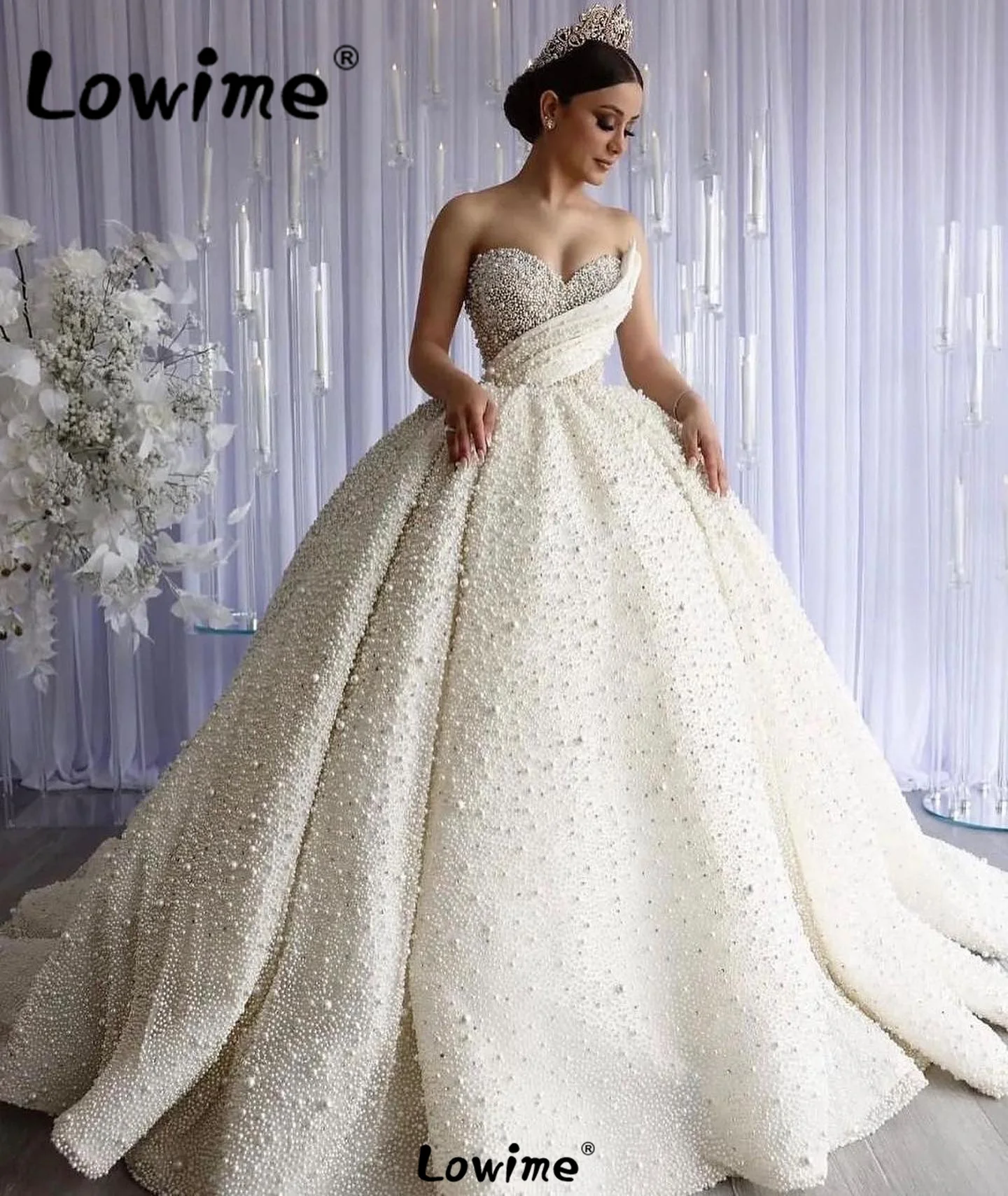 

Arabic Aso Ebi Luxurious Pearl Wedding Dresses Sweetheart Full Beaded Bridal Dresses A Line Ivory White Wedding Gowns Customized
