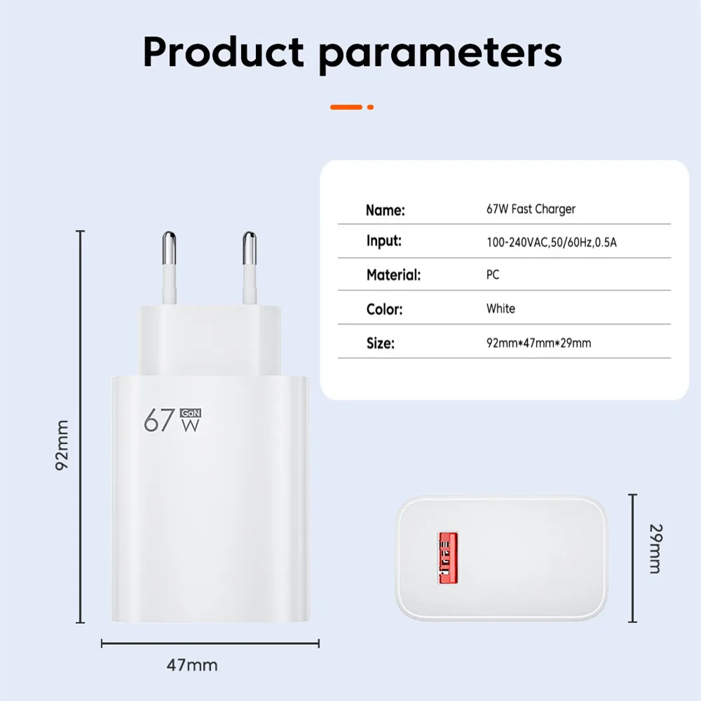 67W Usb Lader Super Snel Opladen Hoge Snelheid Snel Opladen Oplader Mobiele Telefoon 6a Type C Kabel Voor Huawei P30 Xiaomi