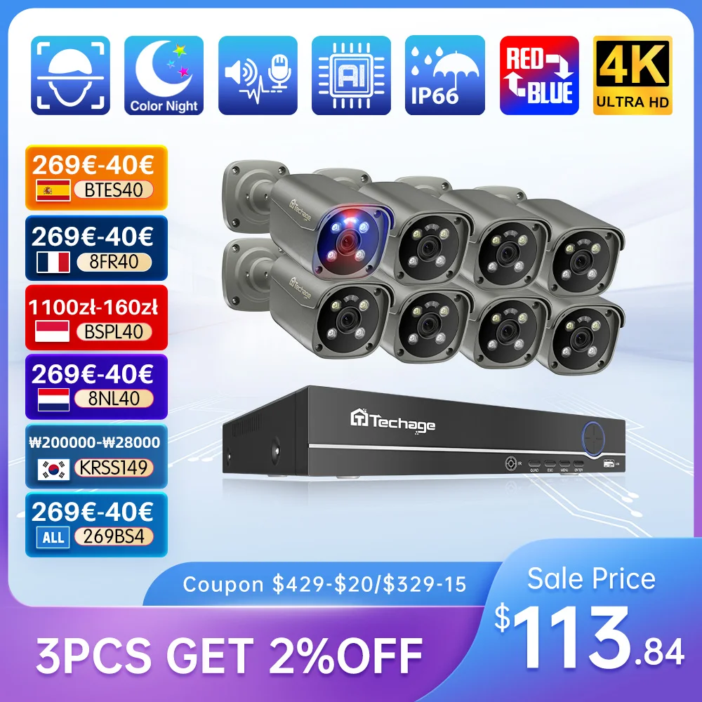 Security Camera Techage H.265 8CH 5MP 4K POE Camera System Smart AI Full Color Night Vision Face Detection CCTV Video Security Surveillance Kit