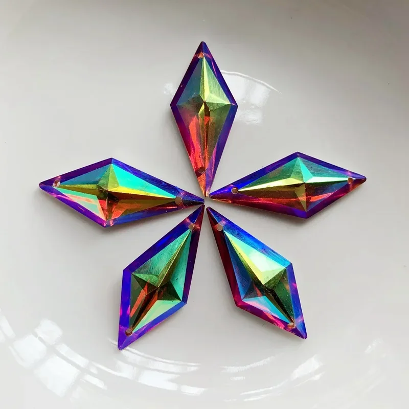 다이아몬드 크리스탈 보석 12x28mm 2 구멍 AB 플랫 백 라인 석 수지 크리스탈 아플리케 마름모 멋진 Strass Stones 드레스 공예-E61