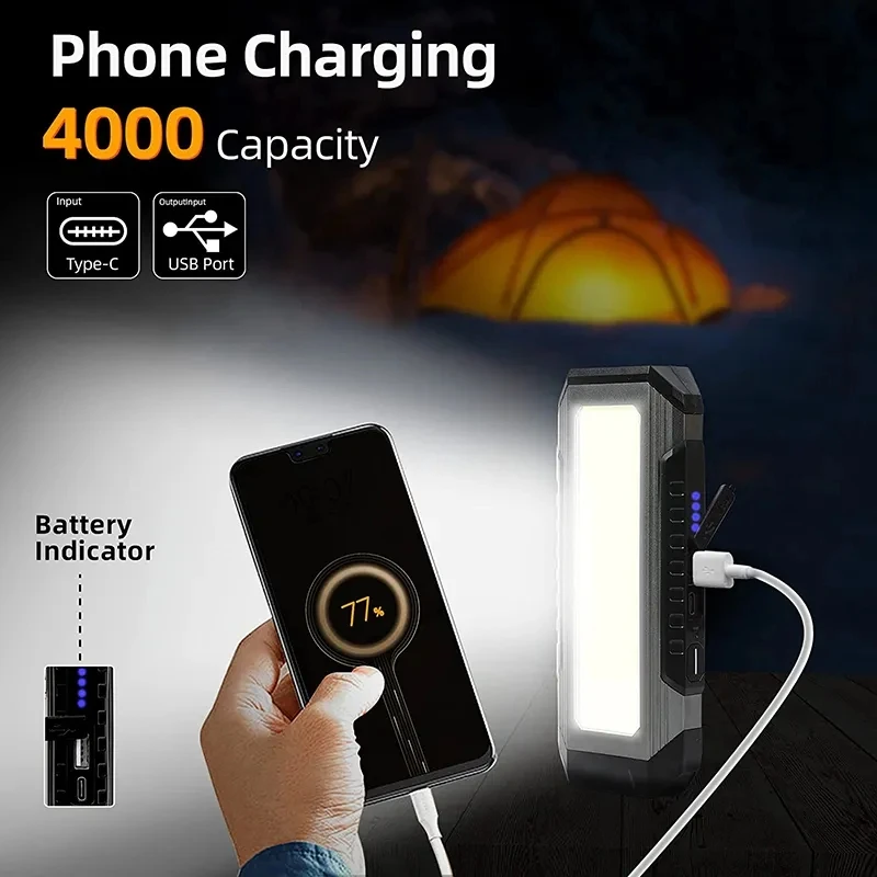 ڼ  ޴ COB ۾, LED 4000mAh , Ƽ  18650 ķ ġ Ʈ