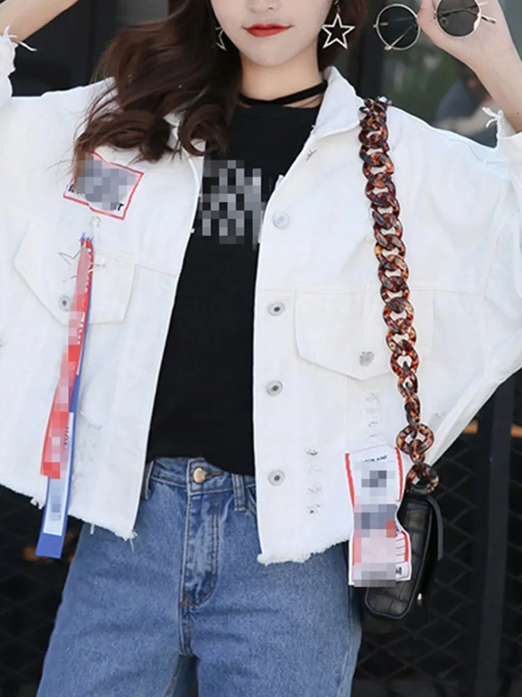 BPN Streetwear Denim Jackets For Women Lapel Long Sleeve Patchwork Single Breasted Cassual Loose Jacket Female Autumn Clothing