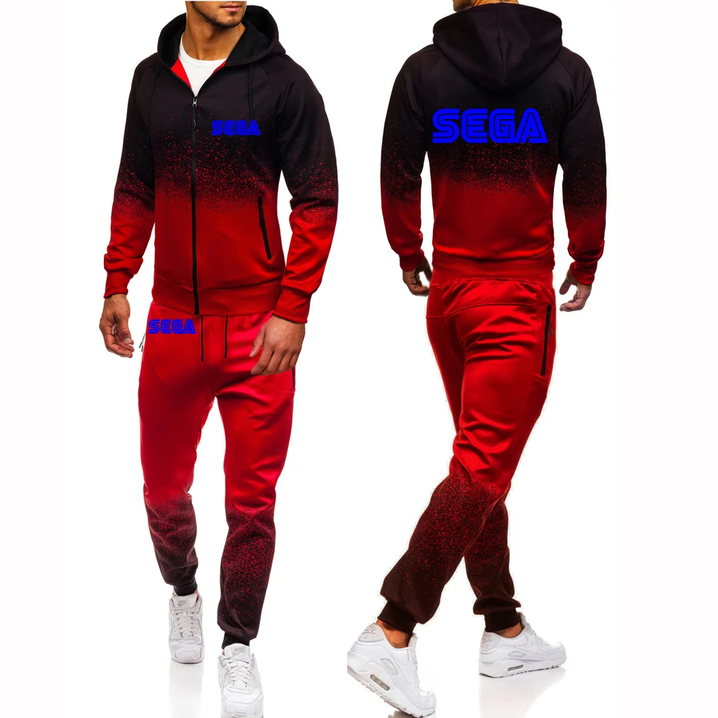 Sega 2023 Men's New Stly Fashion Comfortable Casual Gradient Color Set Hoodies Zipper Tops+Pants Two-Pieces Suits
