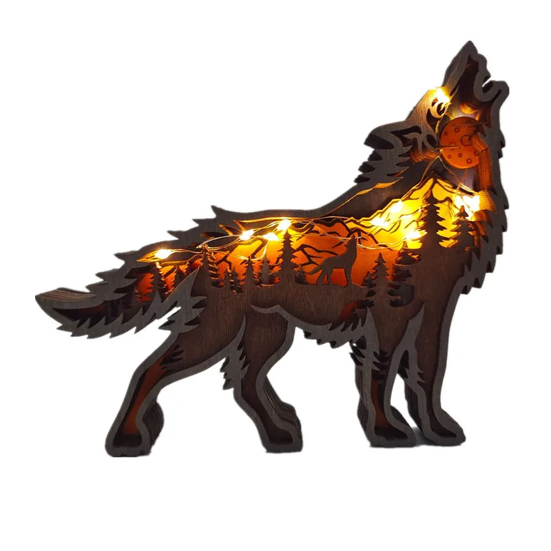 Wolf Totem Wooden Hollow Christmas Decoration - LED Lit Home & Desktop Carving Craft
