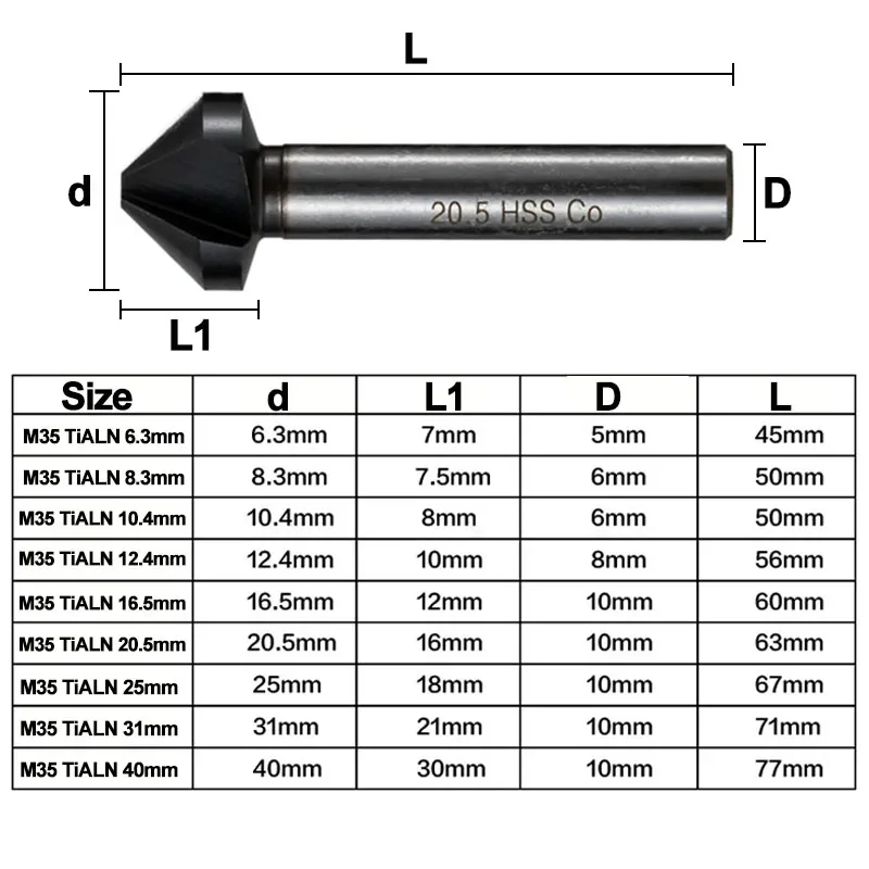 Cobalt Countersink Drill Bit 6.3-40mm 3 Flutes 90 Degree Deburring Chamfer Cutter Tool for Iron Aluminum Stainless Steel Metal