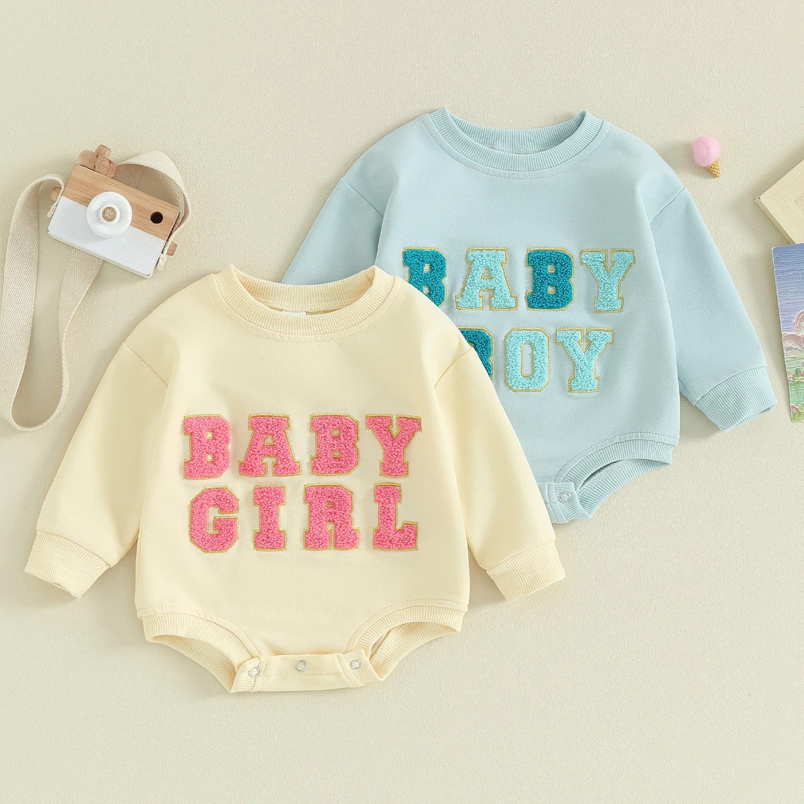 

Baby Letter Embroidery Long Sleeve Fuzzy Sweatshirt Romper Tops Bodysuit Infant Warm Spring Clothes