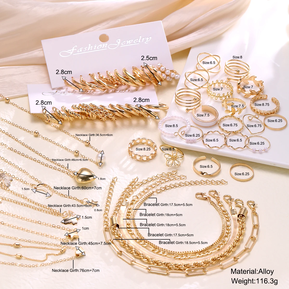 New 44 Pcs Boho Jewelry Sets for Women Fashion Vintage Heart Zircon Pearl Metal Earrings Necklaces Bracelets Ankles Rings Gifts