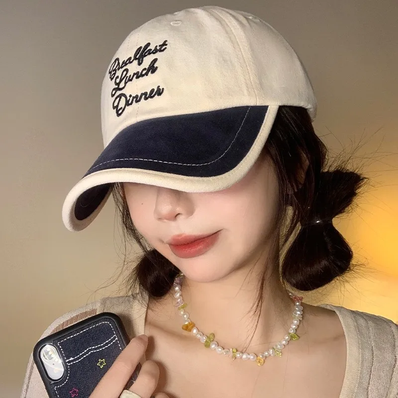 Korean Color Block Duck Tongue Hat for Men Women Embroidered