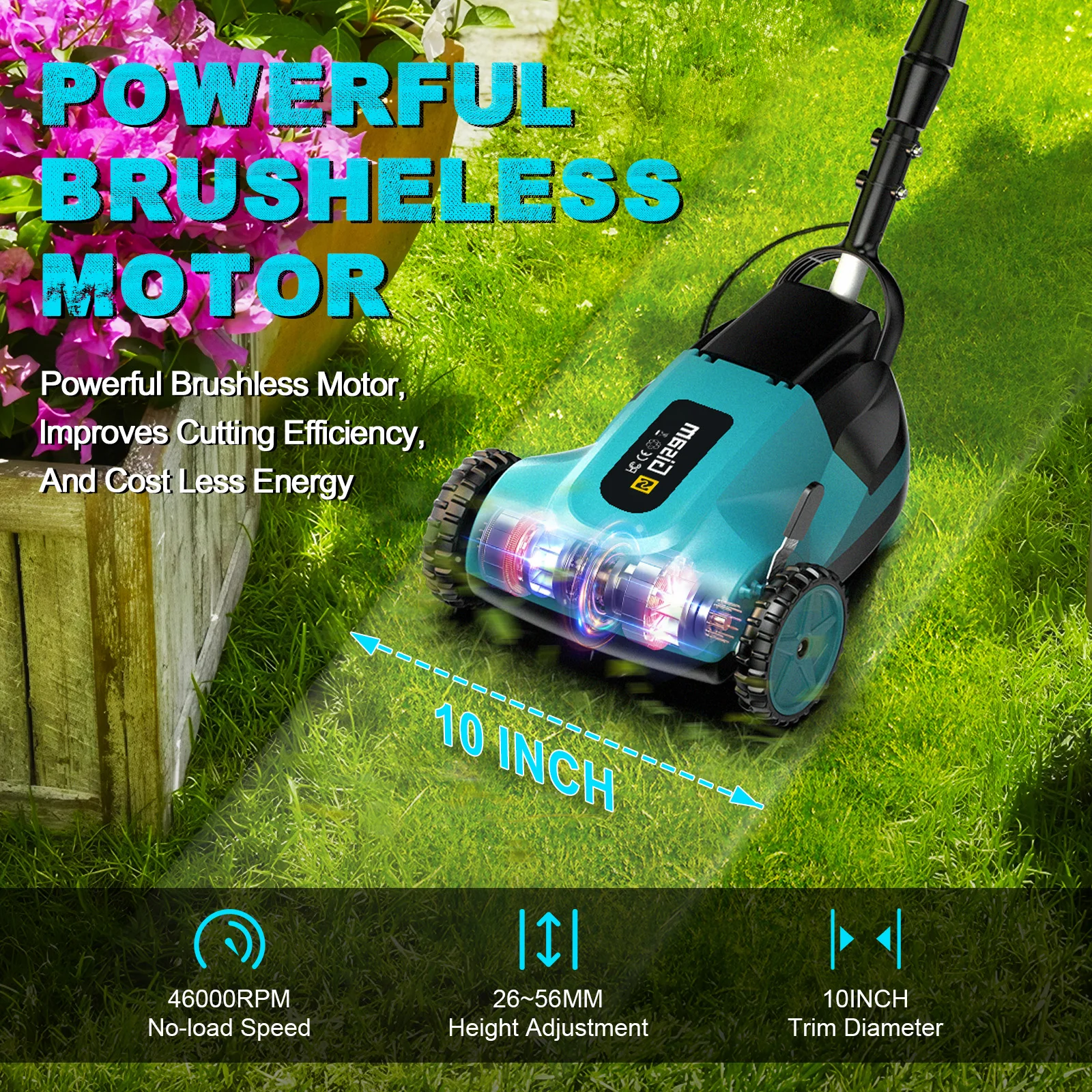 Gisam 10Inch 46000RPM Brushless Electric Lawn Mower Cordless