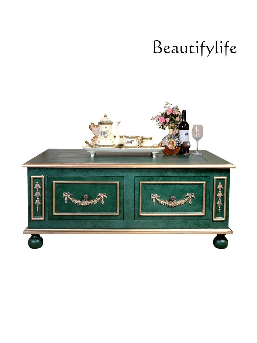 

European and American Style Country Solid Wood Coffee Table Vintage Green French Style Living Room Coffee Square Drawer
