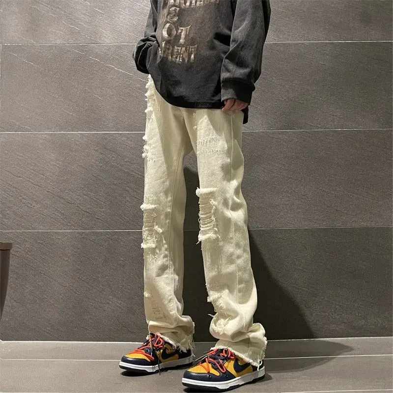 American Retro Denim Pants Men'S High Street Vibe Style Summer Thin Loose Straight Tube Punctured Rough Hem Pants