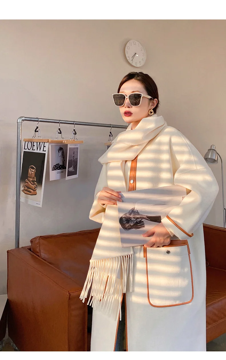 hooded puffer jacket "Anfiouna" 21 autumn and winter new sheepskin wrapped scarf design double-sided cashmere long tweed coat women hooded puffer jacket