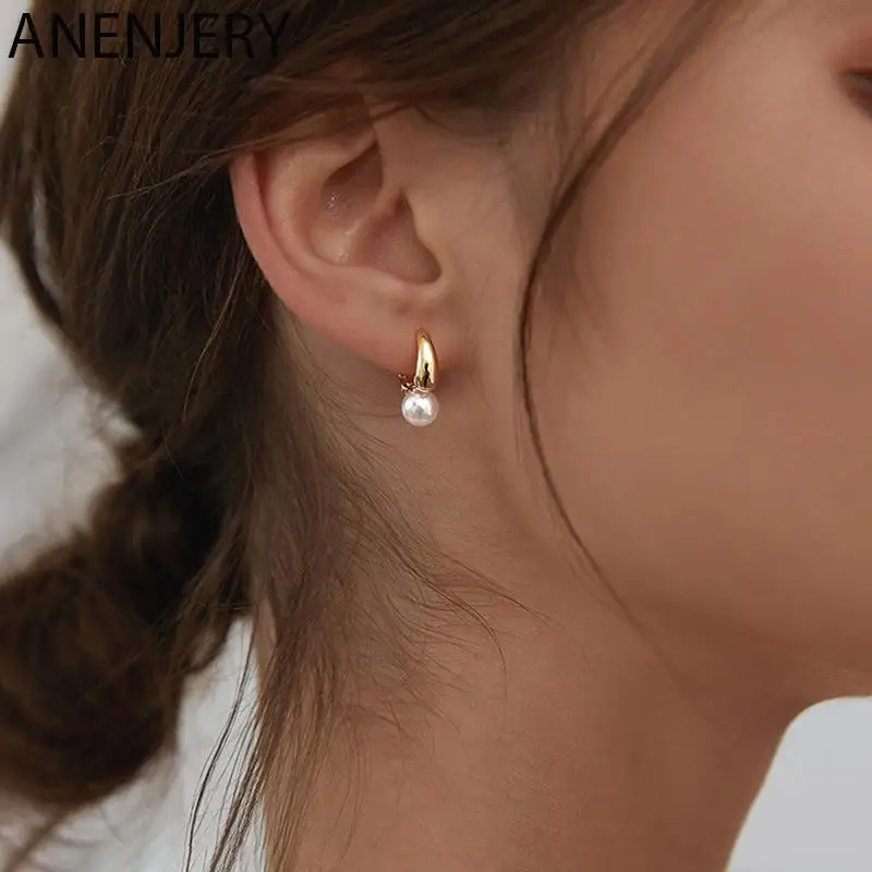 ANENJERY Imitation Pearl Hoop Earrings for Women Round Wedding Party Ear Jewelry Wholesale