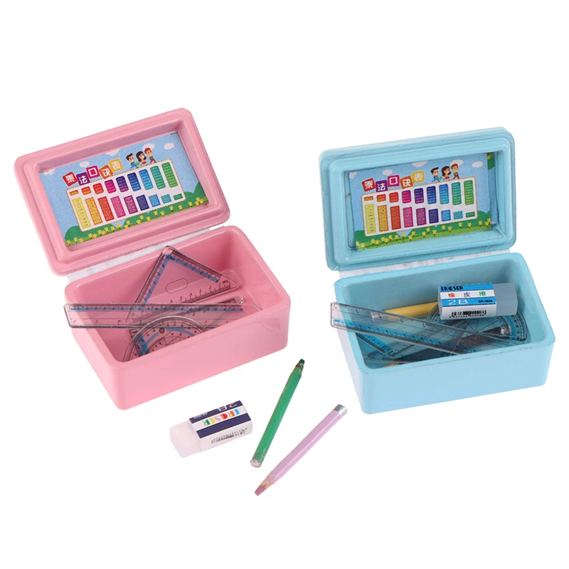 

1 Set Miniature Stationery Pencil Case Pen Ruler Eraser Stationery Box for 1:6/1:12 Dollhouse Accessories Kid Pretend Play Toy