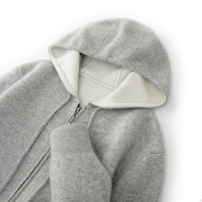 Comfortable and lazy new 100% Merino wool men's hooded sweater loose and thick zipper casual cardigan coat for autumn and winter 2