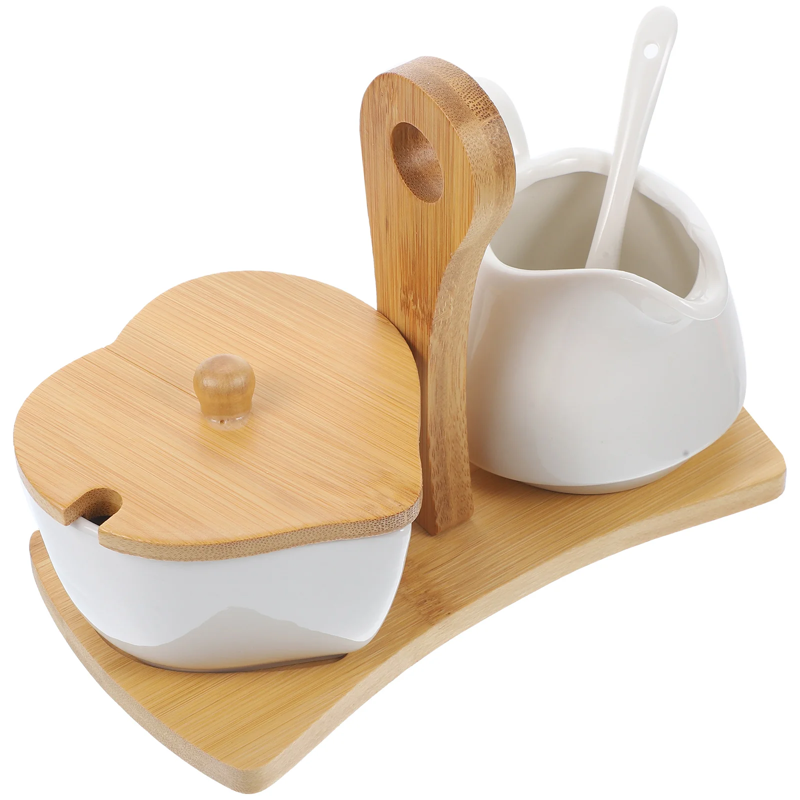 

Ceramic Sugar and Creamer Set Pocerlain Pitcher Sugar Jar with Lid Spoon Modern Coffee Tea Server Sets with Wooden Stand