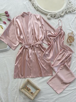 طقم بيجامات نسائية مكون من 3 قطع برقبة على شكل حرف V بلون سادة وبيجامة رسن من البوليستر طقم بيجامات نسائية 5