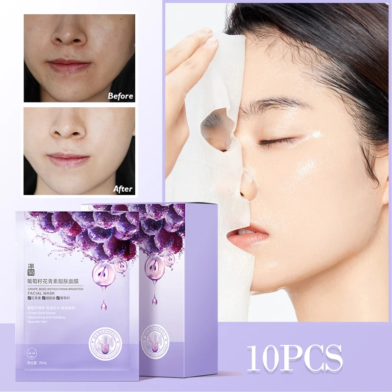 

10pcs Grape Seed Facial Mask Moisturizing Nourishing Anti-Aging Skin Care Fade Fine Lines Control Oil Shrink Pores Whiten