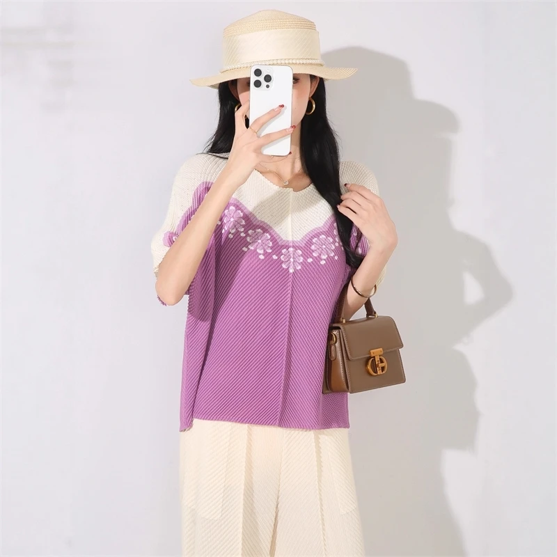 LANMREM Colorblock Printting Pleated Loose Women's T-Shirt Round Neck Casual Versatile Short Sleeve Elastic Pullover Top 2DB4506 - Image 2