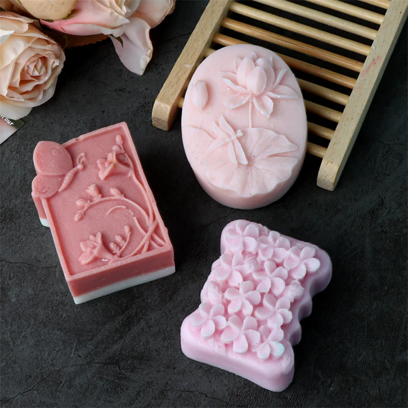 Flat floral pattern relief silicone soap mold DIY lily peony floral fragrance soap make tool silicone mold