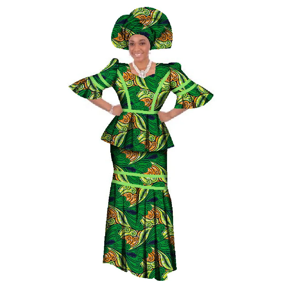 African Designed Skirt Set Traditional Print Clothing Plus Size Suit with Headscarf Women Evening Dress WY135