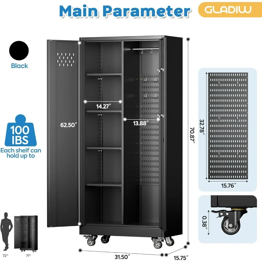 Garage Storage Cabinet, Metal Storage Cabinet with Lockable Doors and 4 Adjustable Shelves, Tool Cabinet with Wheels 2